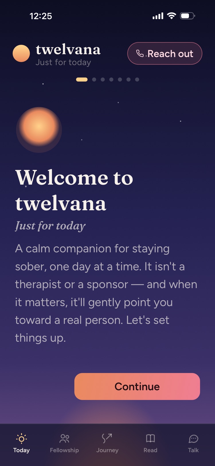 Twelvana welcome screen — a glowing rising sun over a pre-dawn sky, with the tagline Just for today